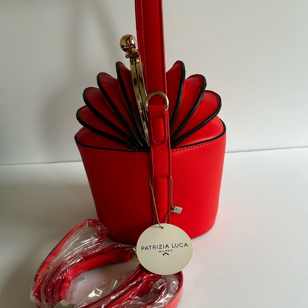 Patrizia Luca Red Fan-Top Bucket Bag with Gold Hardware